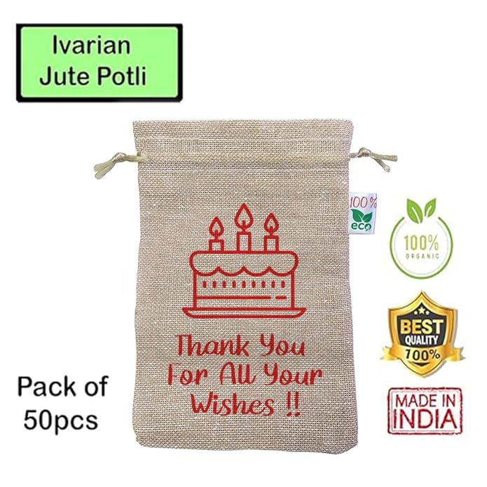 IVARIAN - Jute Potli Bag, Occasion Gifting Bag, Return Gifting Bag (16x24cm set of 50, Birthday) view 2
