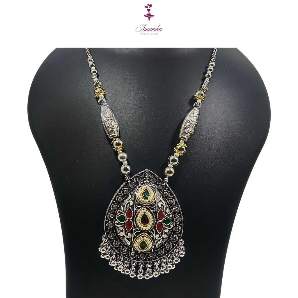 ANAMIKA Luxury Handcrafted Necklace Jewellery Set with Ear Rings, Oxidized, Tear-Drop Pendant, AD Pearls, Green, Purple, Red view 2
