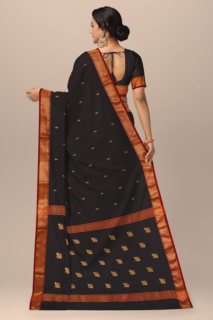 Black Handwoven Maheshwari Silk with Zari Border and Floral Buta Saree SKU-BS10118 view 2