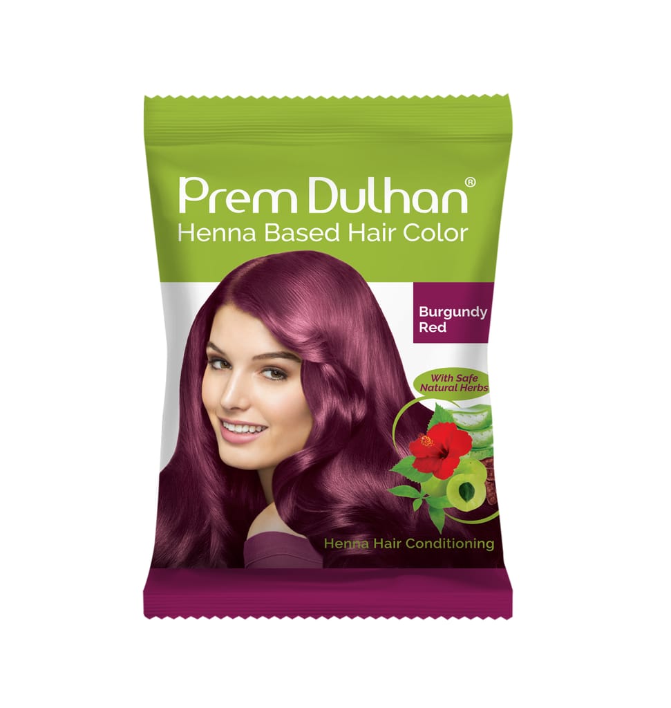 Prem Dulhan Burgundy Henna Hair Color | Herbal Hair Color Powder | Ammonia-Free, Paraben-Free | Long Lasting Grey Coverage | Natural Shine | Pack of 10 Sachets view 2
