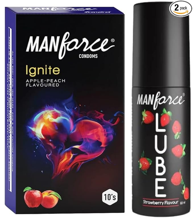 Manforce Ignite Apple-peach Flavoured Extra Dotted Box Of 10 Sheets & Manforce Lube Lubrication Gel for Men & Women Water-Based Gel Skin-Friendly Strawberry Flavoured 60ml
