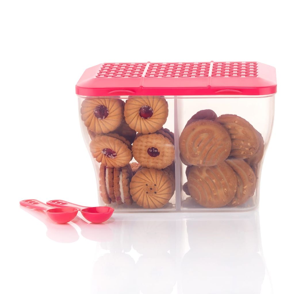 HAPPI Multipurpose Plastic 2 in 1 Masala Box for Kitchen , Spice Boxes for Kitchen , Transparent 2 Compartment Storage Containers Airtight Grocery, Dry Fruits Box 2000 Ml with 2 Spoons(Pink) view 2