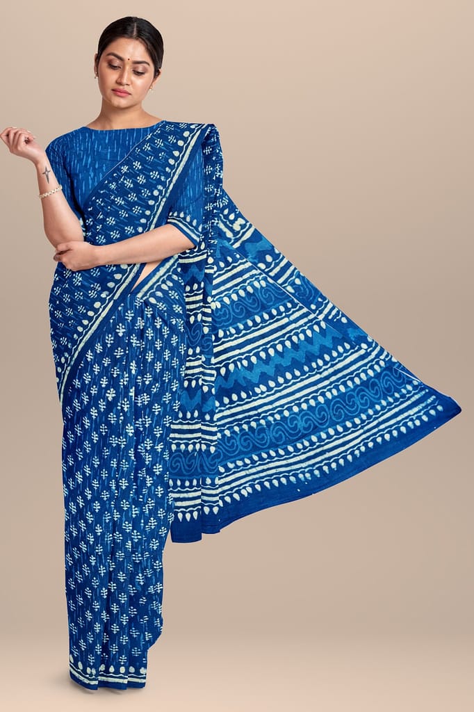 Indigo Floral Pattern Hand Block Print Daboo Malmal Cotton Saree SKU-BS10167 view 2