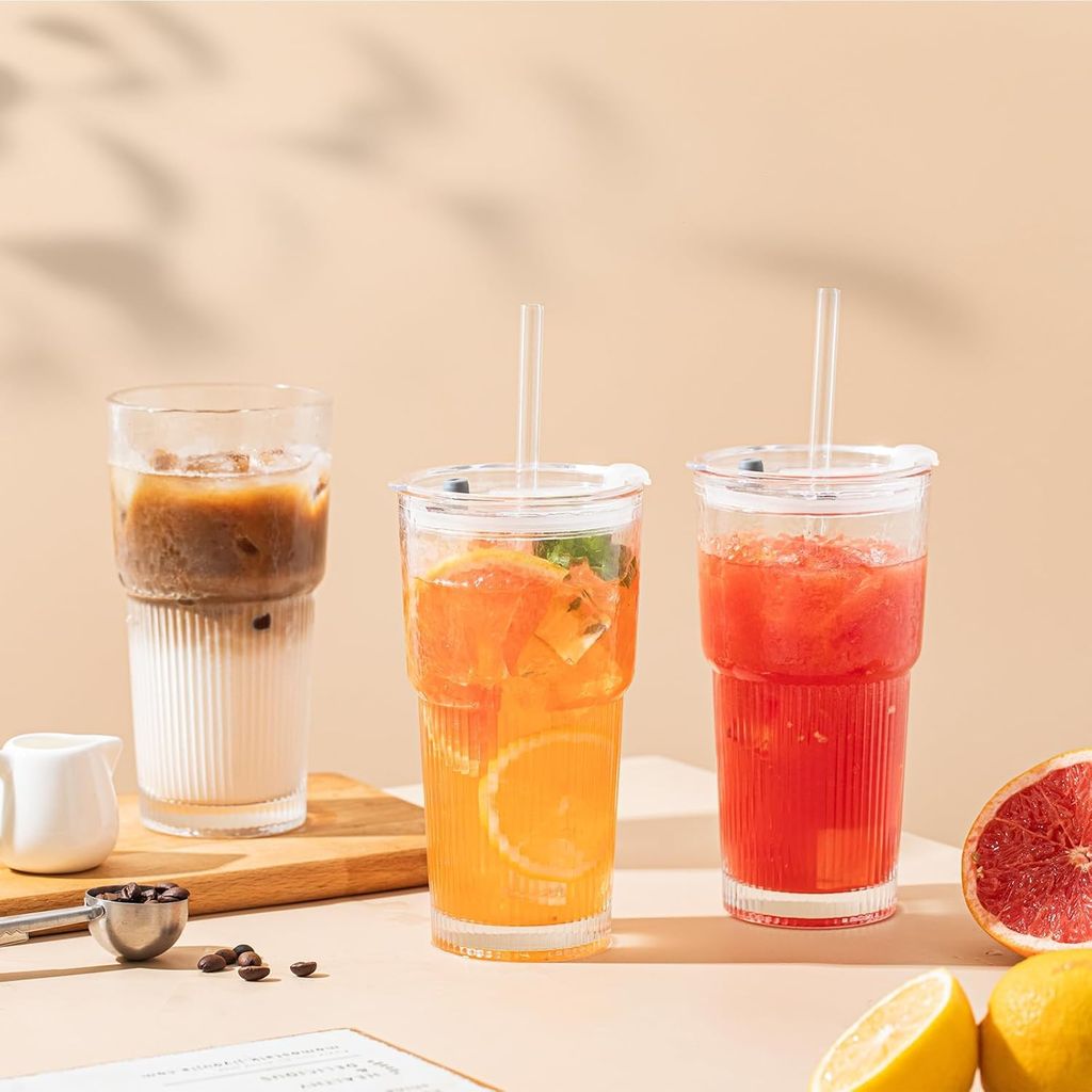 Elegant Glass Ribbed Long Sipper with Reusable Glass Straw, 600 ML, Set of 1, Vertical Lining Mug for iced Coffee, Smoothies, Milkshakes, Juice Hot & Cold Beverages view 2