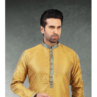 Raivat Ethnic Yellow Blue Colour Jacquard Silk Brocade Kurta Pajama 1009 view 2