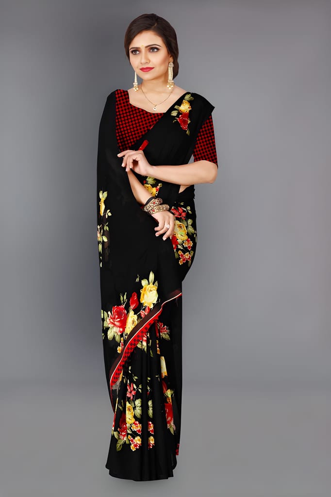 WUGO Women's Black Floral Printed Georgette Saree | Elegant Party Wear, Casual Wear, Festive & Designer Saree with Unstitched Blouse Piece view 2