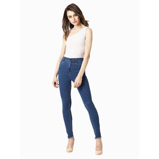 Miss chase Women's Blue Skinny High Rise Clean Look Fringe And Side Zipper Detailing Cropped Denim Jeans view 2