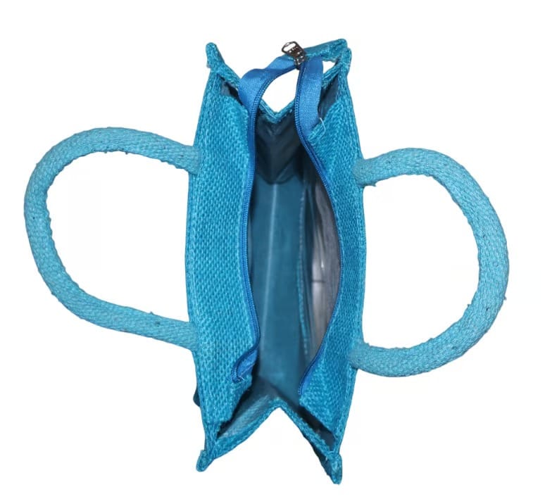 Turquoise Jute Tote Bag with Lace Detailing view 2