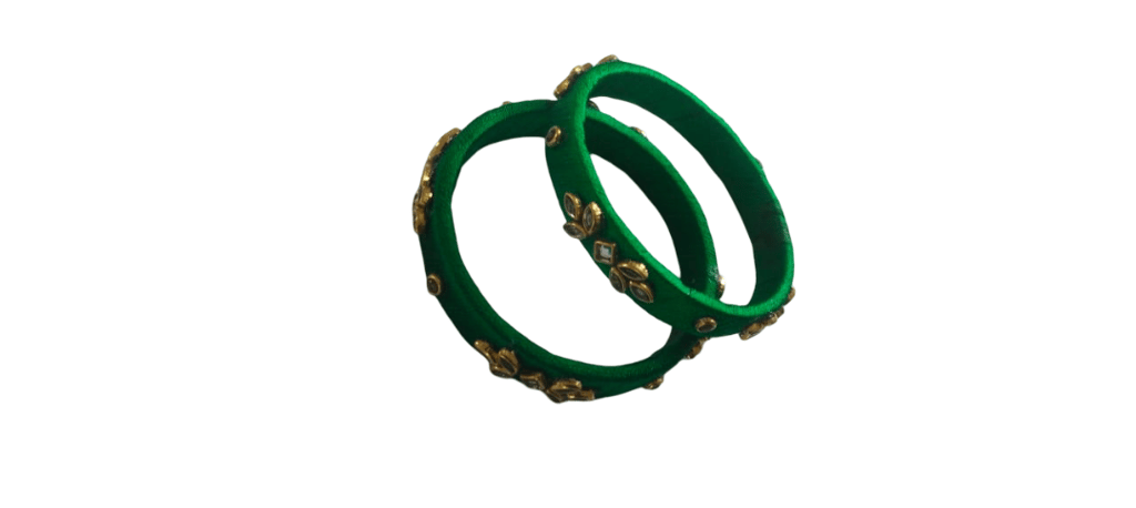 Emerald Green Silk Thread Bangles with Kundan Stone Work (Pair) view 2