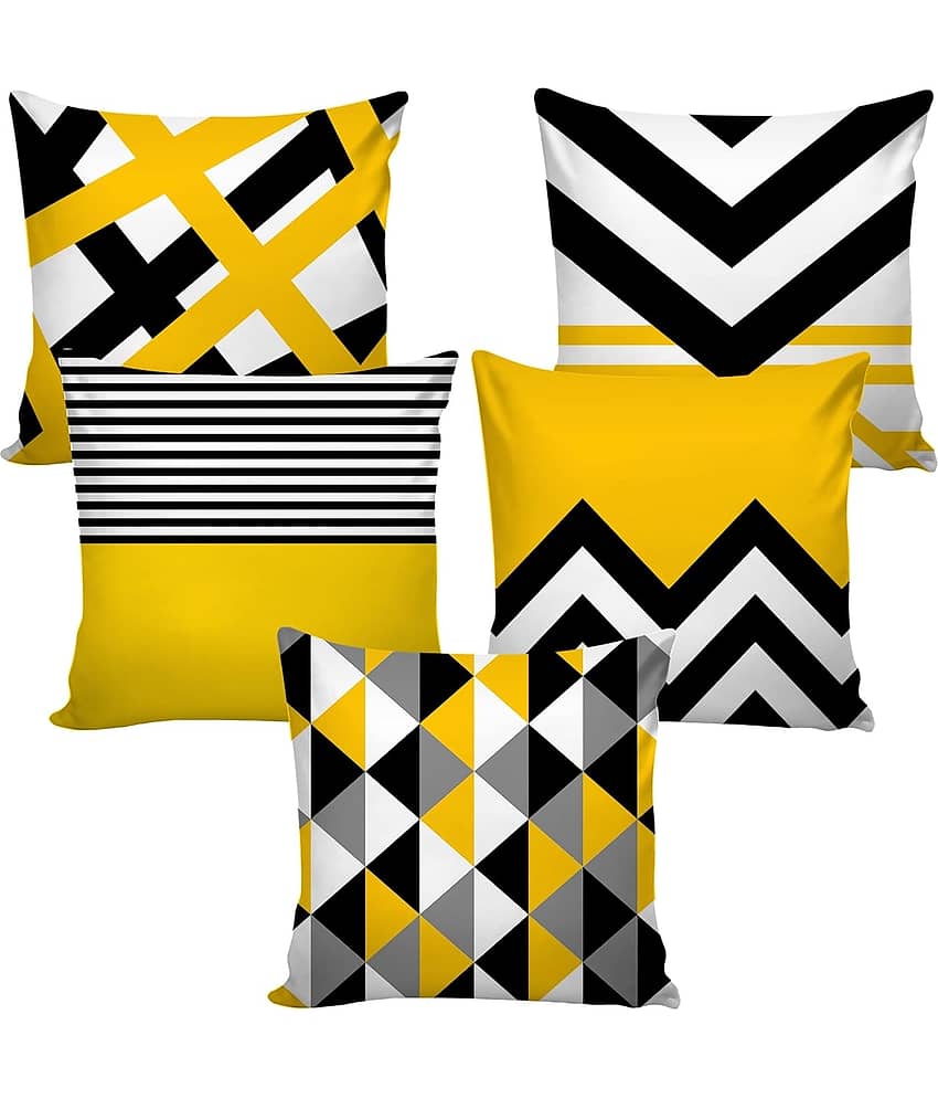 Crosmo Set of 5 Satin Geometric Square Cushion Cover (40X40)cm - Yellow view 2