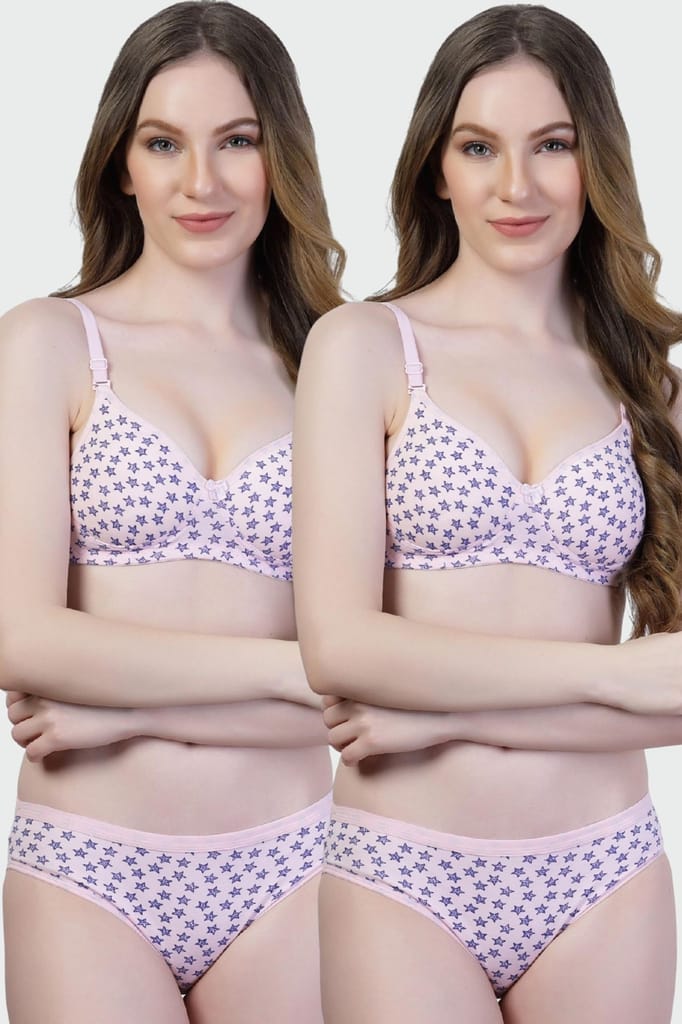 adornstar Women Cotton Lingerie Set with Stars Print Design | Non Wired and Non Padded Bra with Full Coverage Hipster Panty Set | Stylish and Soft Stretchable Fabric (Pack of 2) view 2