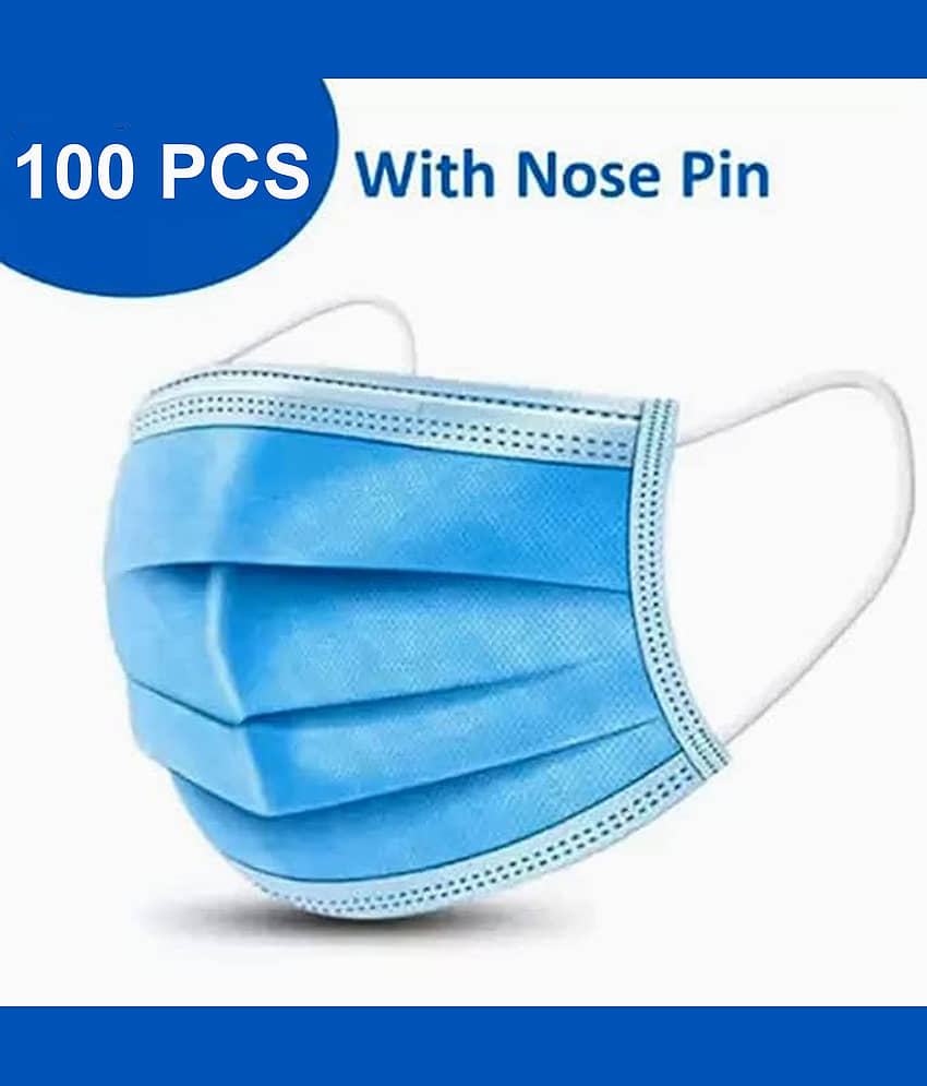 BLAQUE 3 Ply Anti Viral, Anti Pollution Surgical Disposable Face Mask With Nose Pin & Meltblown Layer- Pack of 100 (Blue)