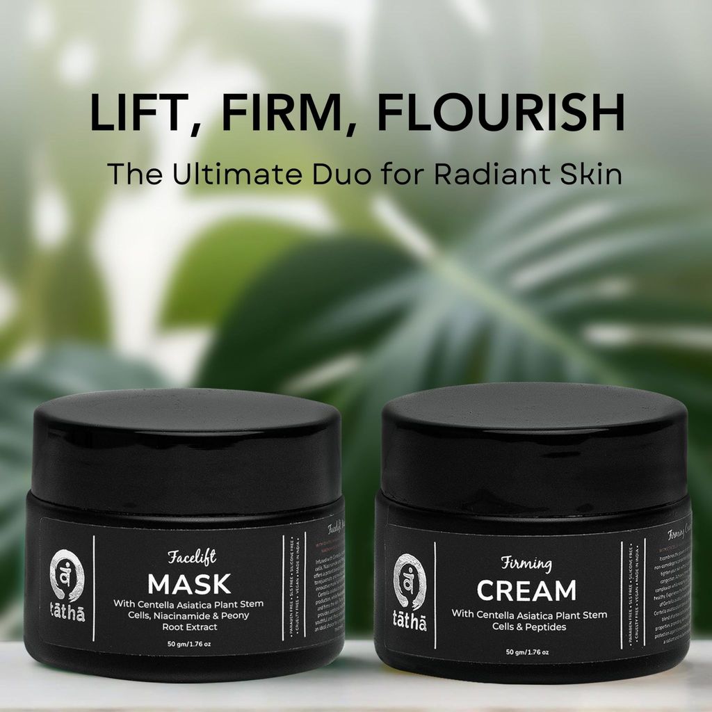 Tatha Skincare Combo: Firming Cream with Peptides & Centella Asiatica (50g) � Tightens Skin & Delays Wrinkles + Facelift Mask with Niacinamide & Centella Asiatica (50g) � Hydrates & Brightens Skin, Gentle Gel Mask, Paraben Free view 2