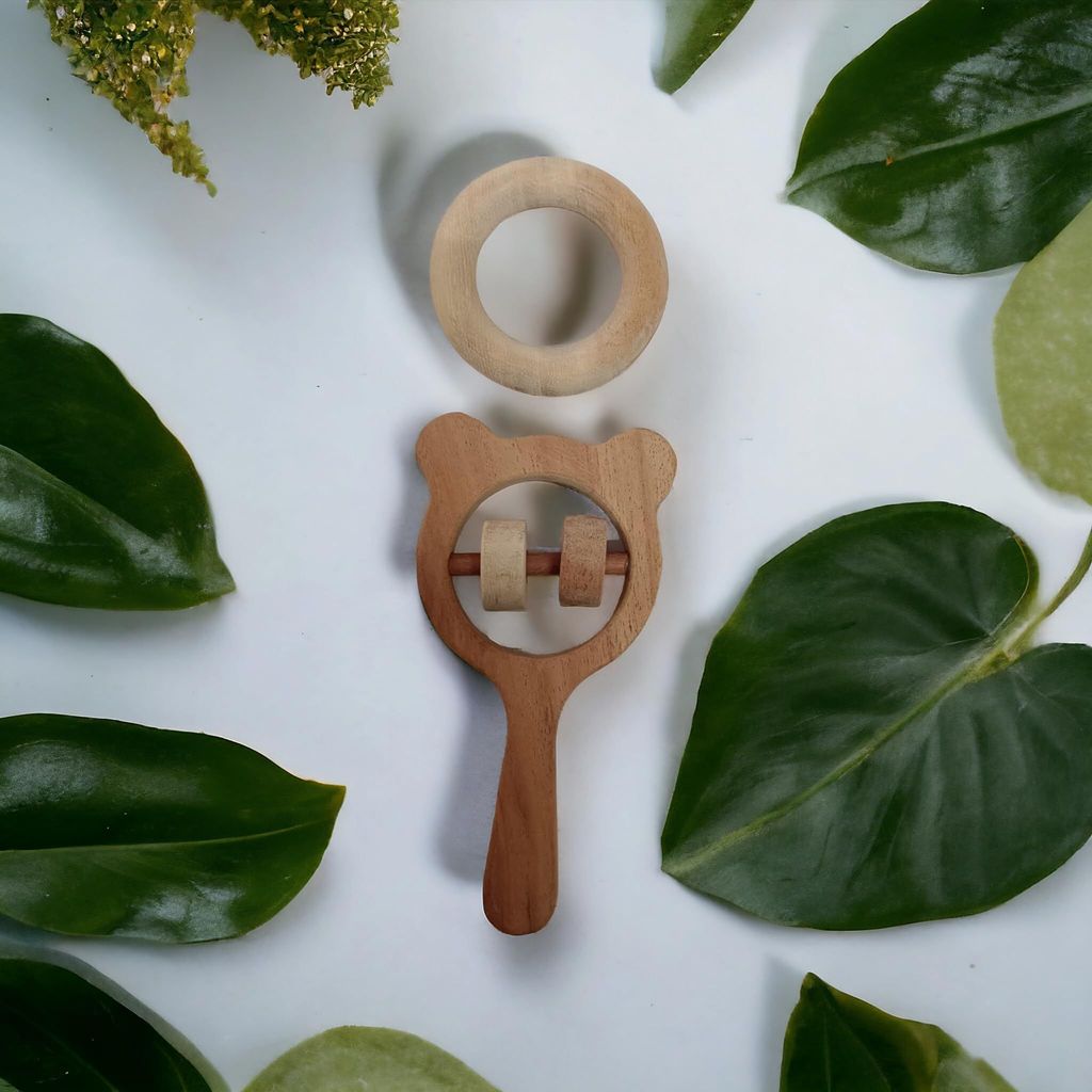 Sensory Stimulating Neem Wooden Rattle & Teether - Mickey Head & Ring Shapes view 2