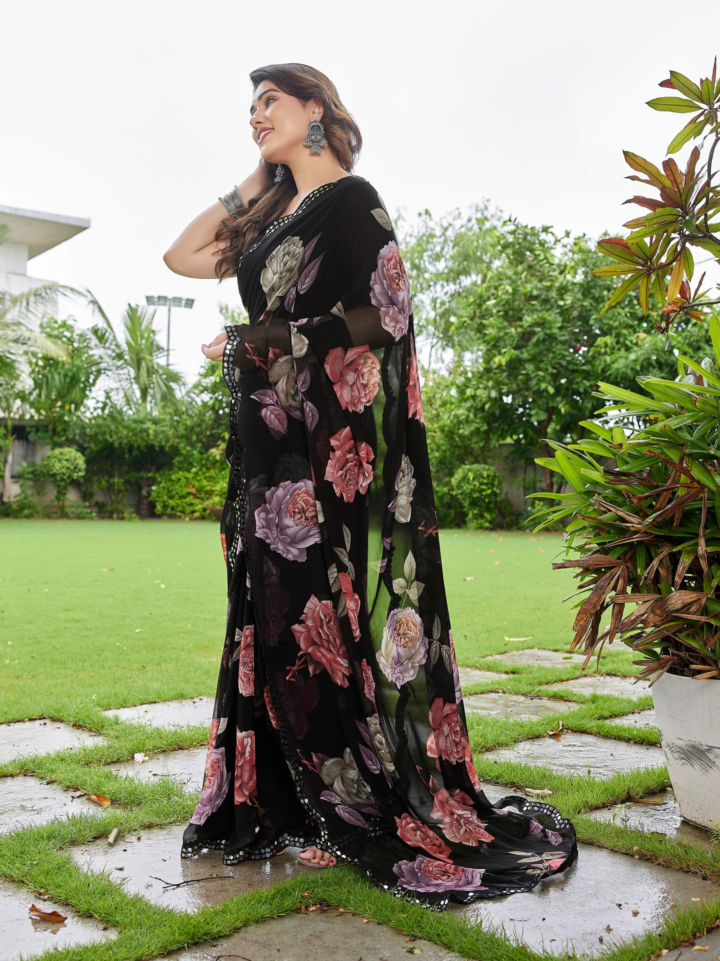 Floral Printed Georgette With Mirror Work Border view 2