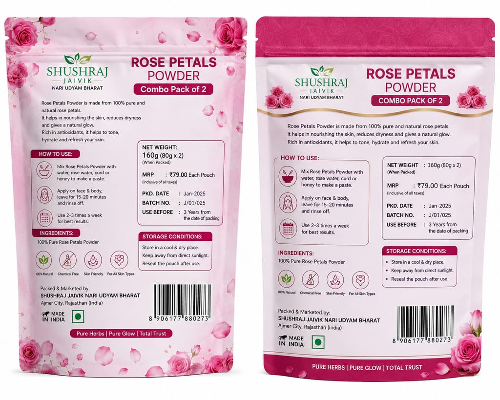 SHUSHRAJ JAIVIK Rose Petals Powder Combo Pack of 2 (80g Each, Total 160g) | 100% Pure & Natural Face Pack | Skin Brightening, Glowing & Refreshing | For All Skin Types view 2