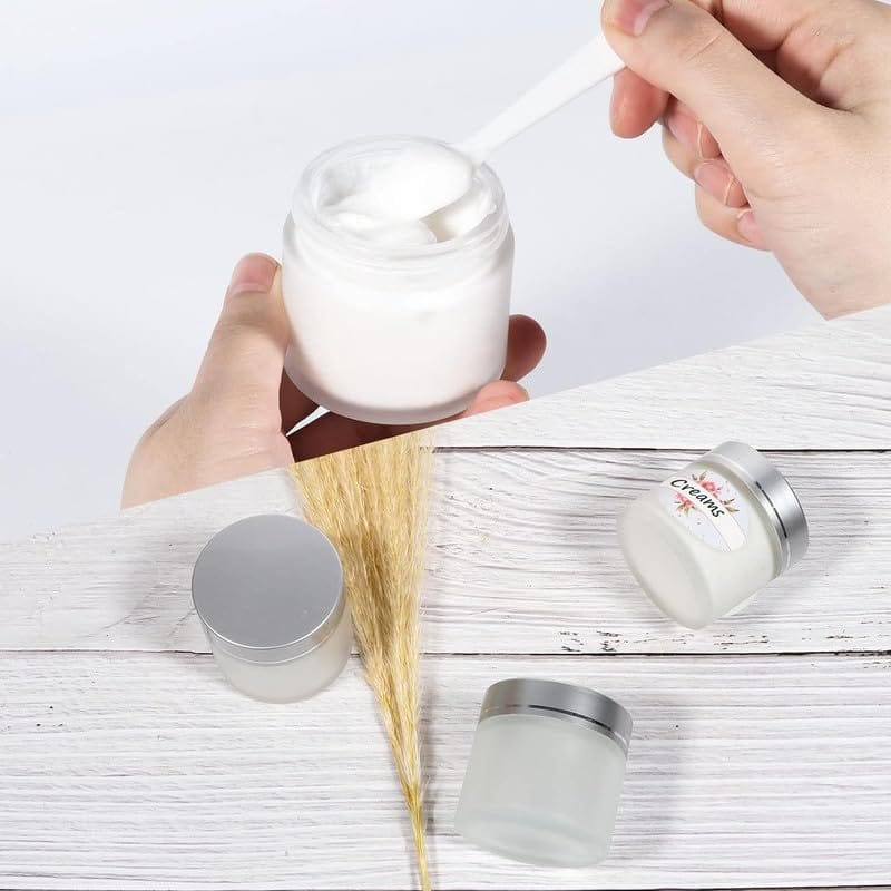 Frosted Glass Jars with Silver Lids & Inner Liners, Empty Matte Clear Round Refillable Cosmetic Containers Travel Jars for Cosmetics,Body Face Cream Lotion PRNT view 2