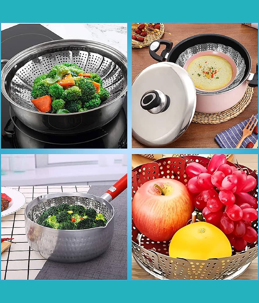 Bhavyta Silver Stainless Steel Vegetable Fruit Steamer Punching Food Drain Basket ( Set of 1 ) view 2