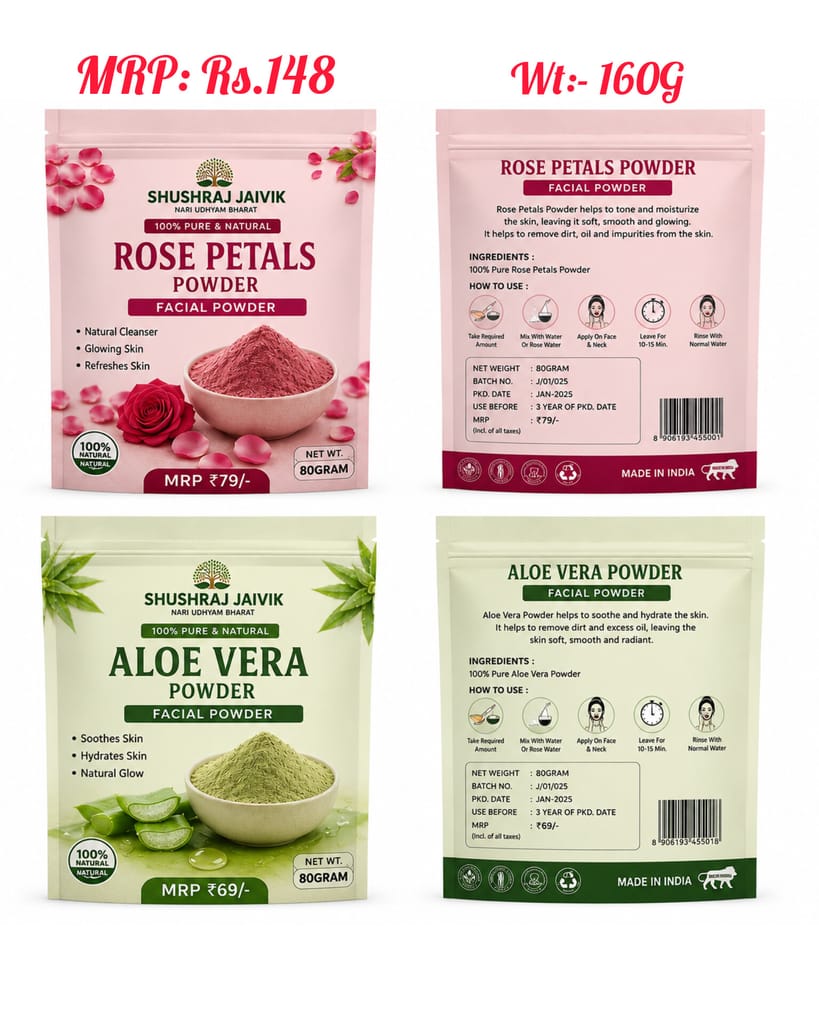 Rose Petals Powder & Aloe Vera Powder Facial Powder Combo | 80GRAM Each | 100% Pure & Natural | Skin Care | SHUSHRAJ JAIVIK view 2