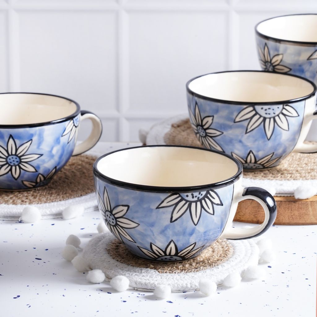 STOREPEDIA Handmade Floral Print Ceramic Soup Coffee Mug Cup Set of 4, 400mlMicrowave Safe Jumbo Coffee, Milk, Soup Tea Chai Mugs Cups for Daily Home Office Use, Jumbo Large Size Blue Color view 2