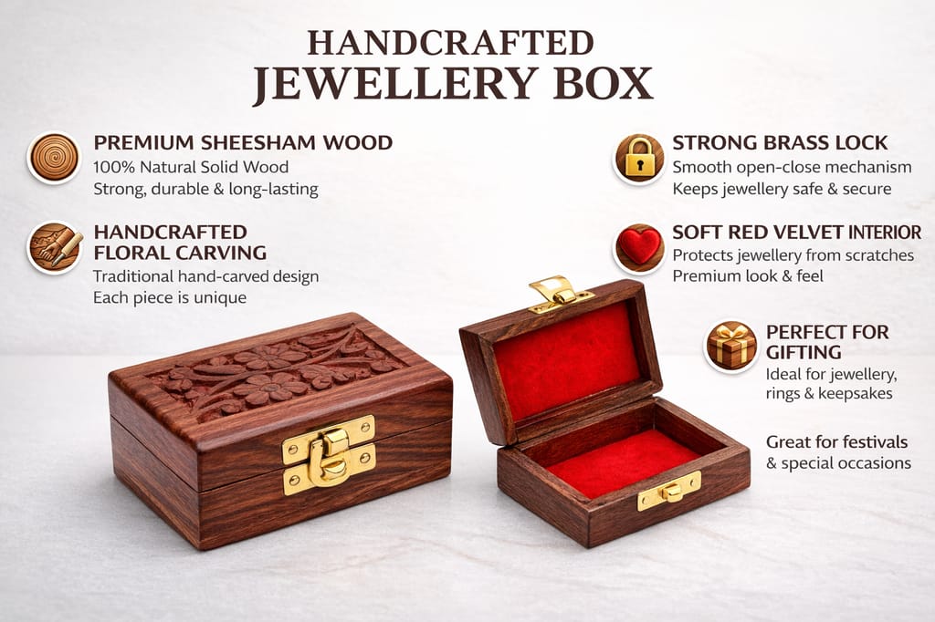Brown Wooden Storage Box Mini Small Size Organizer For Ear Rings And Nose Pins Storage Box With Carving Design view 2