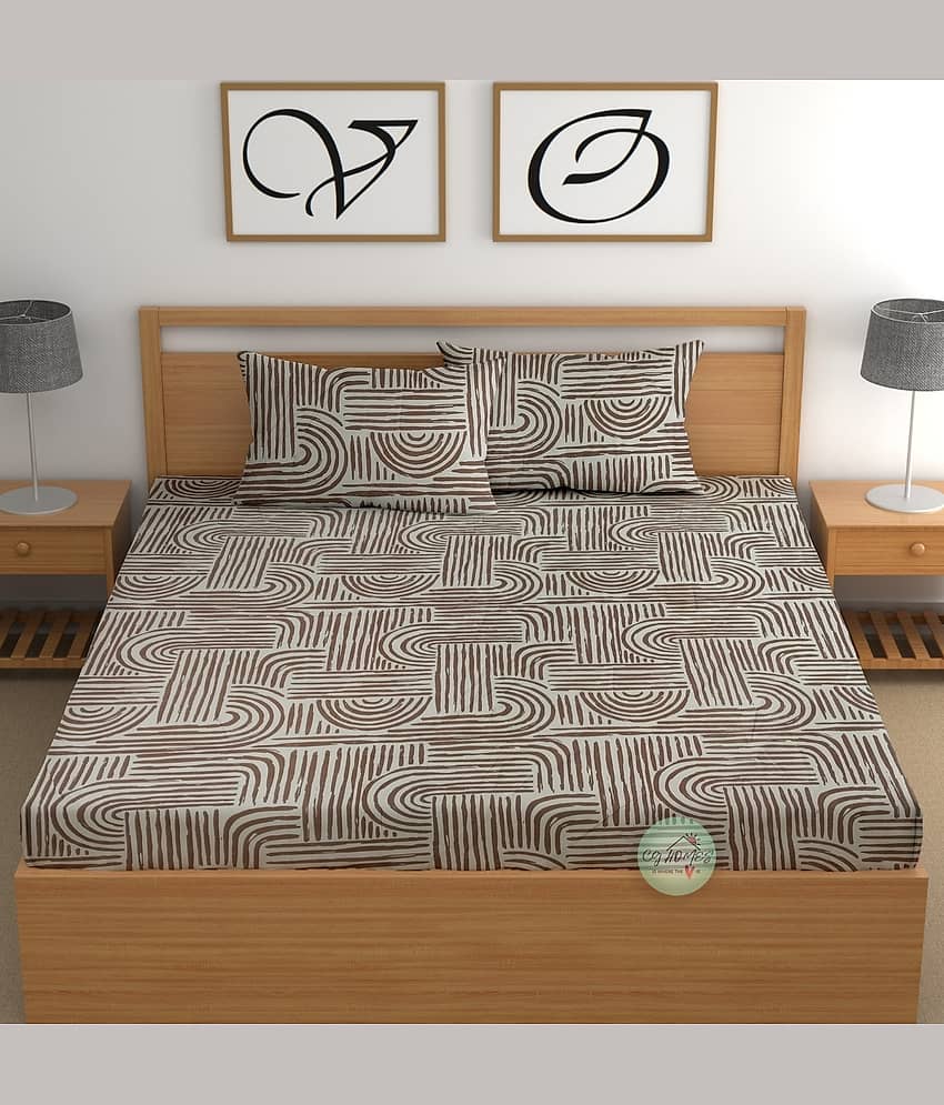 CG HOMES Cotton Abstract Fitted 1 Bedsheet with 2 Pillow Covers ( Double Bed ) - Brown view 2