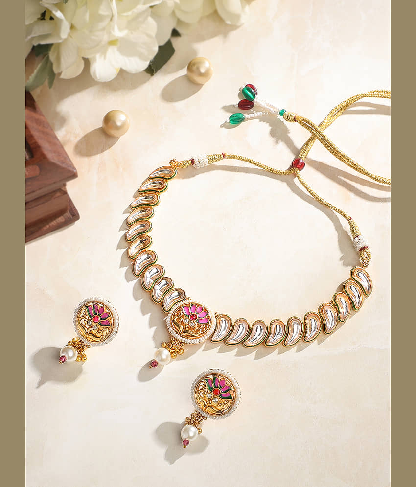 Asmitta Jewellery Golden Brass Necklace Set ( Pack of 1 )