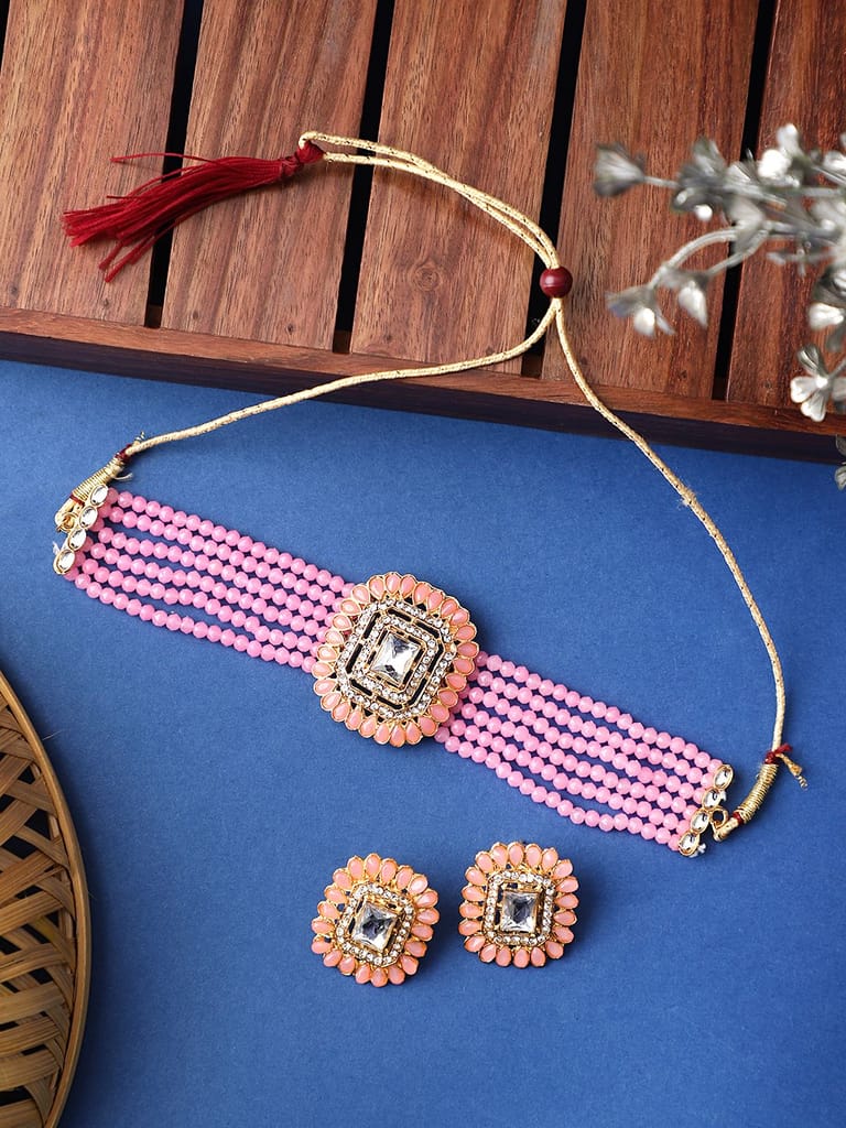 Cardinal Gold Plated Brass Pink Onyx Multistring Kundan Choker Necklace Set view 2