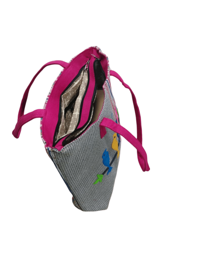 Colorful Hand Embroidered Birds on Jute Tote Bag with Pink Handles view 2