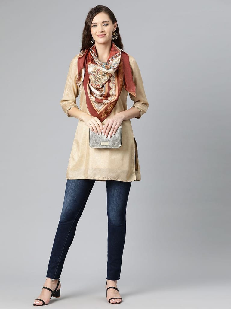 Women's Soft Silk Printed Scarves With Gold Zari view 2