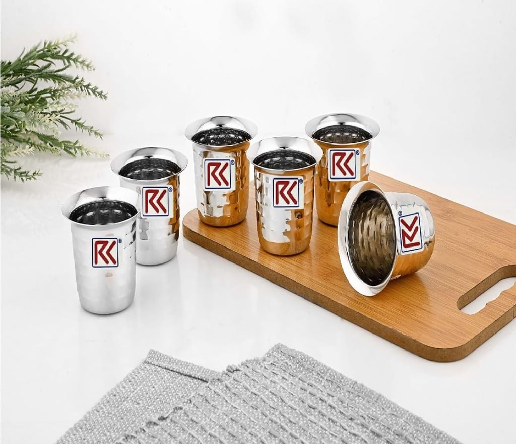 RK 22Guage Anand Glass 5 Stainless Steel Raindrop Hammered Finish Tableware Drinkware Tumbler Drinking Glasses for Home, Restaurants, Office Capacity 90ml - Set of 6 Silver view 2
