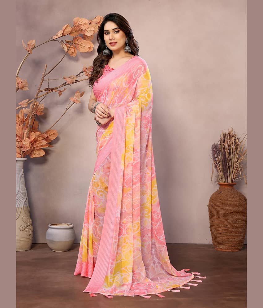 BLEESBURY Chiffon Printed Saree With Unstitched Blouse Piece ( Peach ) view 2
