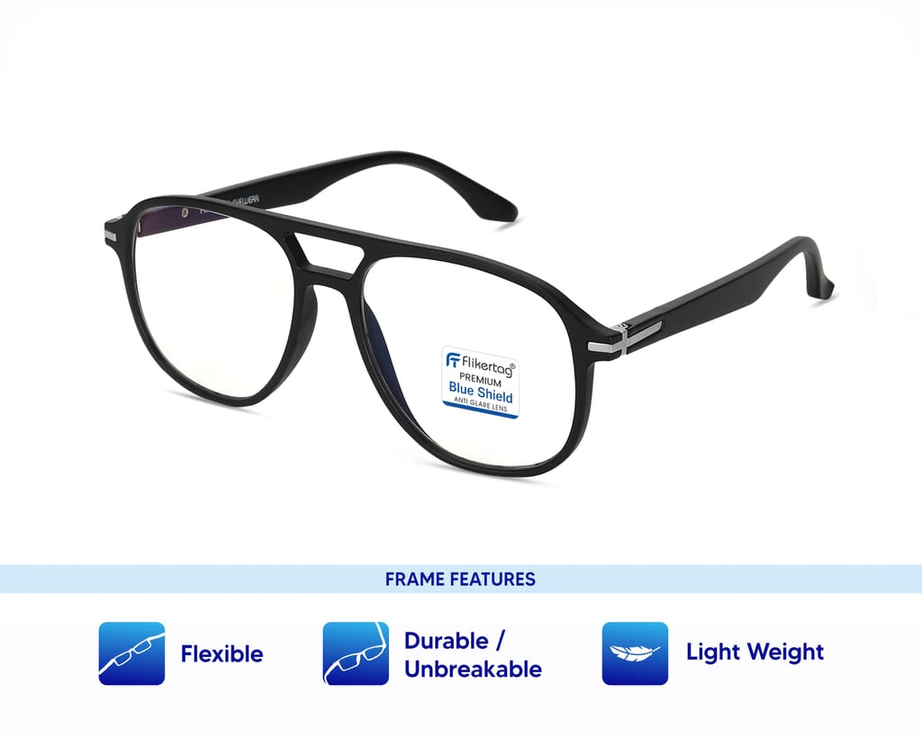Flikertag Blue Cut Computer Glasses for Eye Protection | Zero Power Blue Light Filter Glasses With UV Protection | Anti Glare Specs for Men [FTF207 F1 Aviator Matte Black Frame, 54mm] view 2