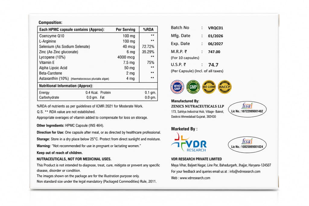VDR Q10 Forte™ | Natural Astaxanthin + Yeast Fermented CoQ10 | Supports Fertility, Heart Health & Antioxidant Defense | 90 Capsules (90 Day Plan) view 2