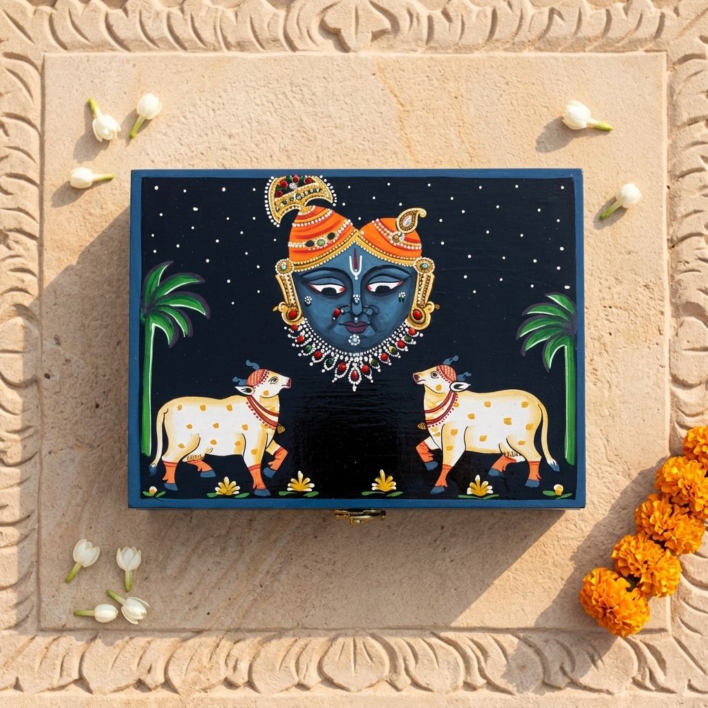 Hand Painted Shreenathji Pichwai Art Wooden Black Blue Color Storage Box view 2