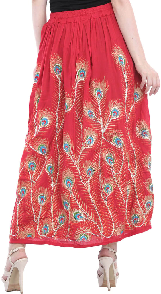 Red Long Skirt with Printed Peacock Feather and Embroidered Sequins view 2