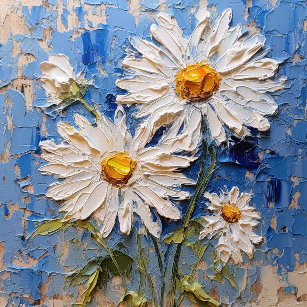 TEXTURED WHITE DAISY FLOWERS PAINTINGS 24in X 24in WITH BLACK FRAME view 2