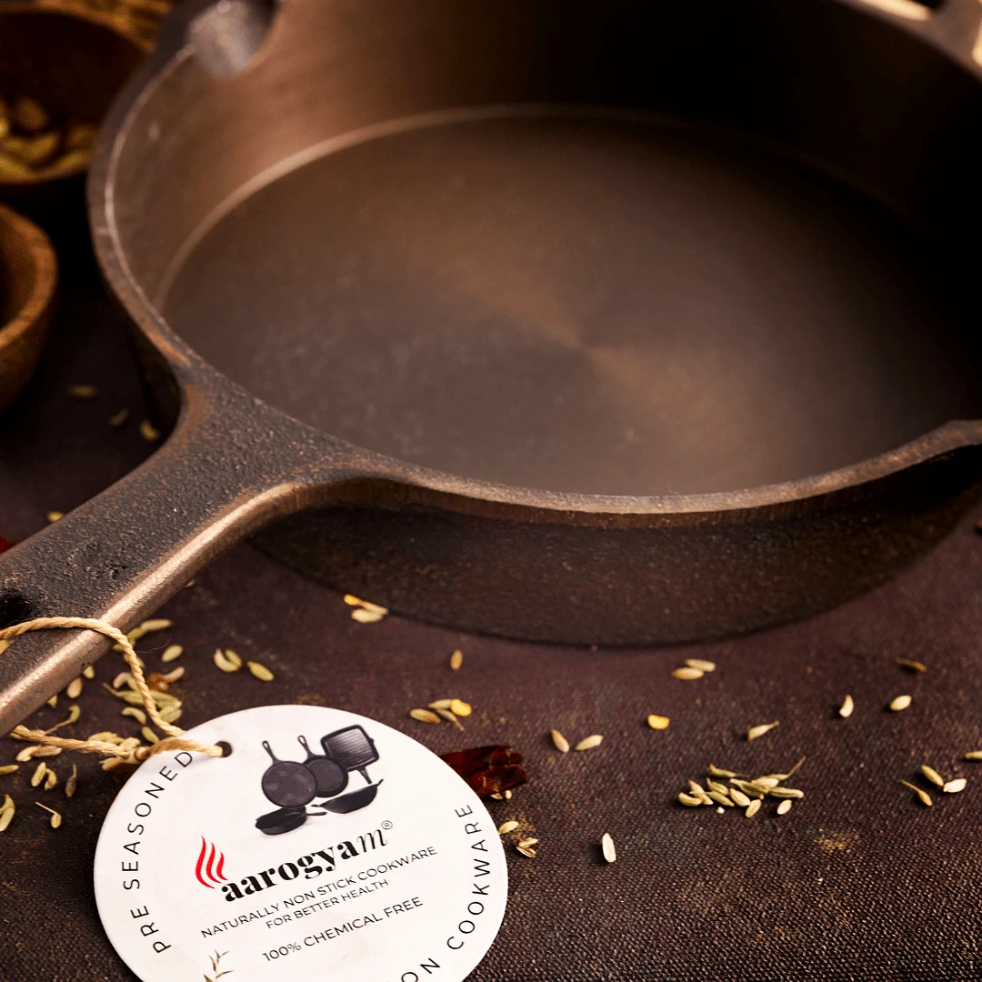 Aarogyam Cast Iron Skillet , Pre-Seasoned 9.5 inch Diameter (24cm), Naturally Non-stick, Toxin-Free, Gas & Induction Compatible, Weight- 2.5 kg (Colour - Black) by Aarogyam - The Cast Iron Shop view 2
