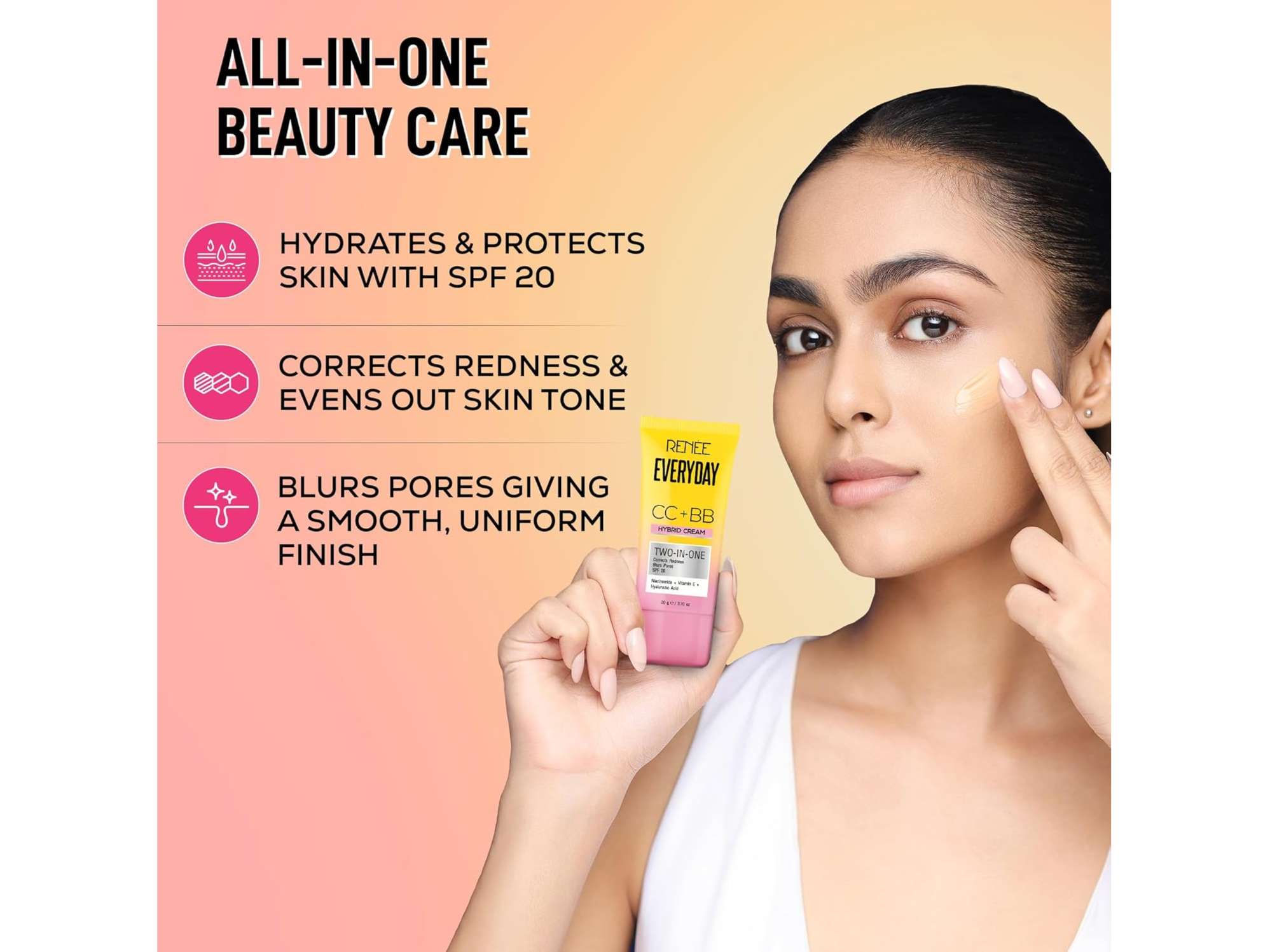 RENEE Everyday CC + BB Hybrid Cream With SPF 20, Corrects Redness, Blurs Pores, Refines Skin Tone, Hydrates Skin, With Hyaluronic Acid & Niacinamide, Lightweight, Buildable Coverage, 20 g - Classic Frappe view 2