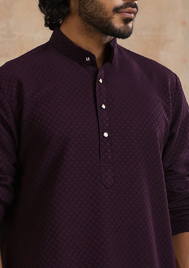 Dobby Textured Solid Men's Long Kurta - Dark Purple view 2