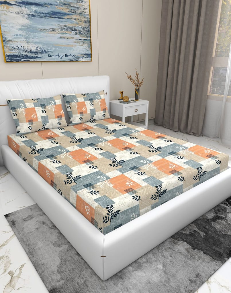 Quirky Home Fantasy Collection Premium Cotton Blend 180 TC Flat Double Wrinklefree Bedsheet with 2 Pillow Covers, Multi Square view 2