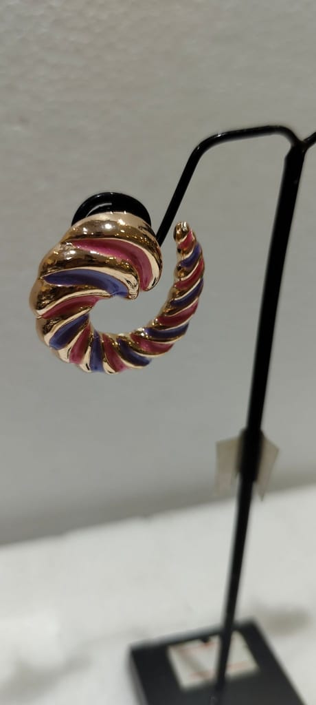 Gold Hoop Earrings with Blue and Pink Enamel view 2
