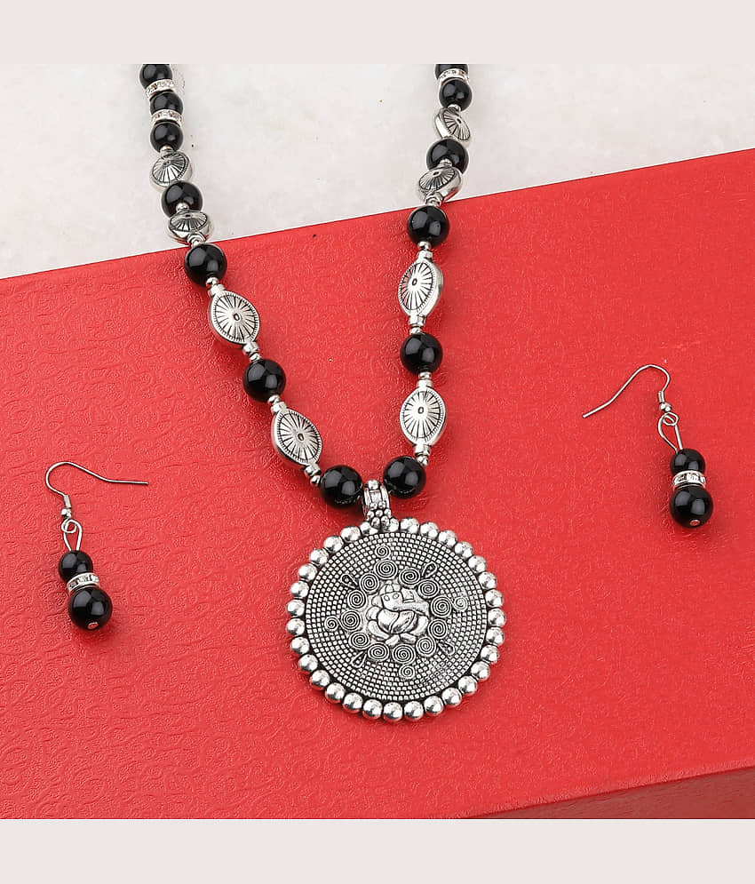 SILVERSHINE Adjustable Silver Plated With Black Pearl Ganeshji Pendant mala set for Women girl view 2