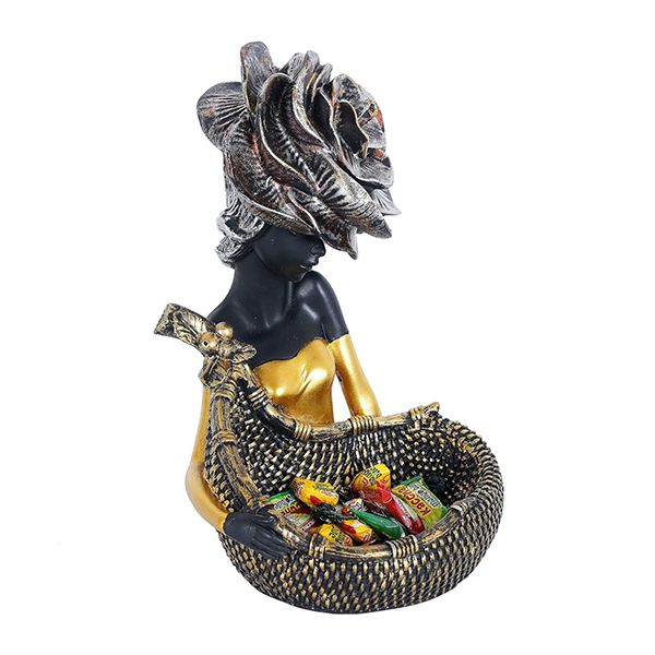 Elegant Lady Resin Basket Figurine 11 Black & Gold Decor 11 Inch view 2
