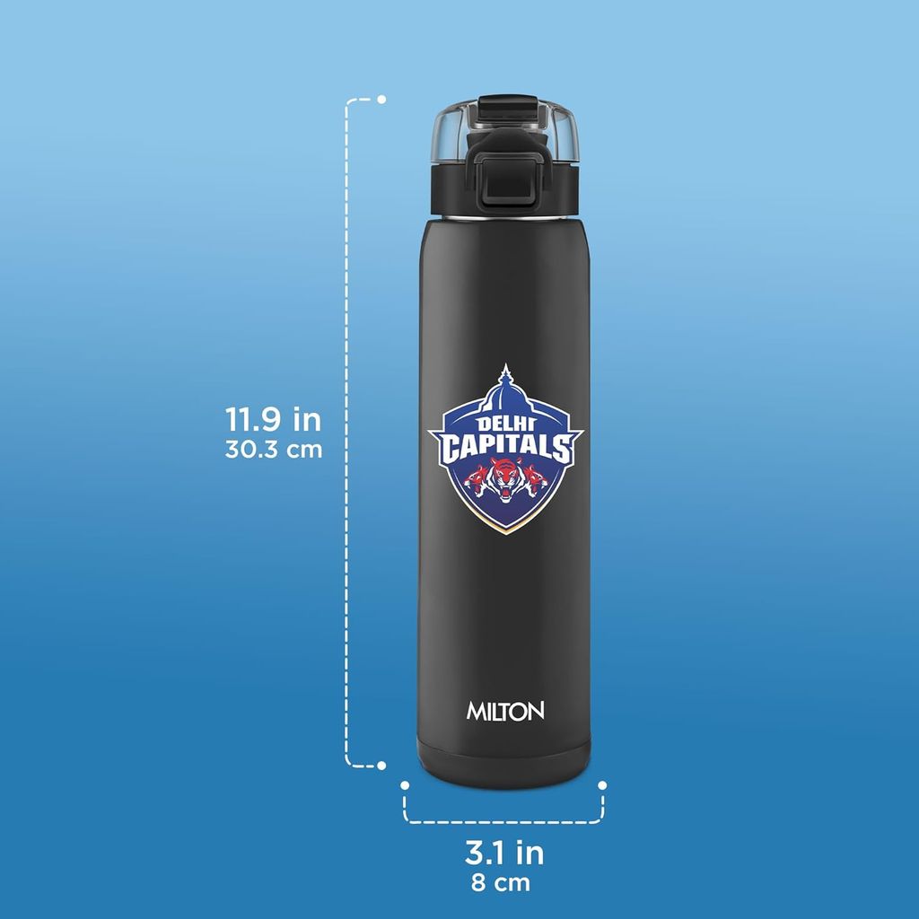 Milton Sports Steel Edge 900 | DC Official Drinkware Partner I Limited Edition Delhi Capitals Water Bottle | PU Insulated Sipper with Twin Lid | Designed for Cricket Lovers I 600 ml | Black view 2