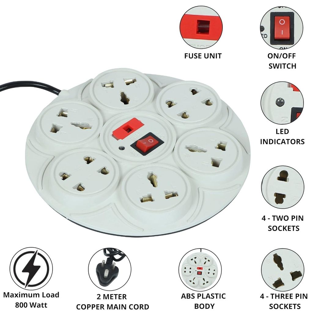 8+1-Socket Round Extension Cord with Individual Switches and Overload Protection fuse view 2