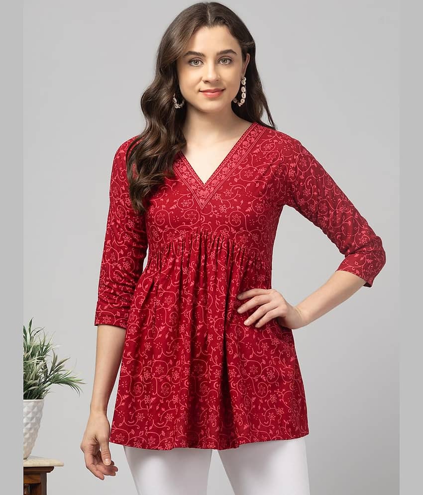 Aura Glam Women Viscose Rayon Printed Flared Kurti ( Maroon )