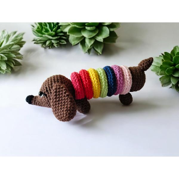 Rainbow dog crochet stackable toy view 2