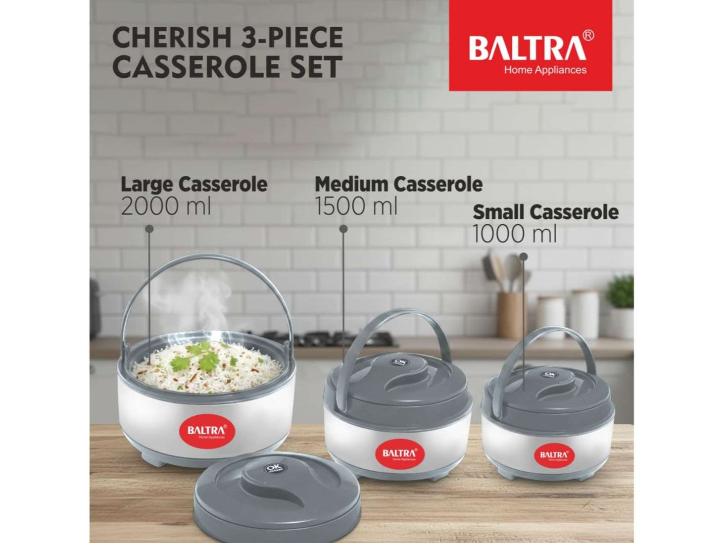 BALTRA Set of 3 Cheris Casserole Set with Lid (1000ml, 1500ml, 2000ml) Insulated Hot Pot view 2