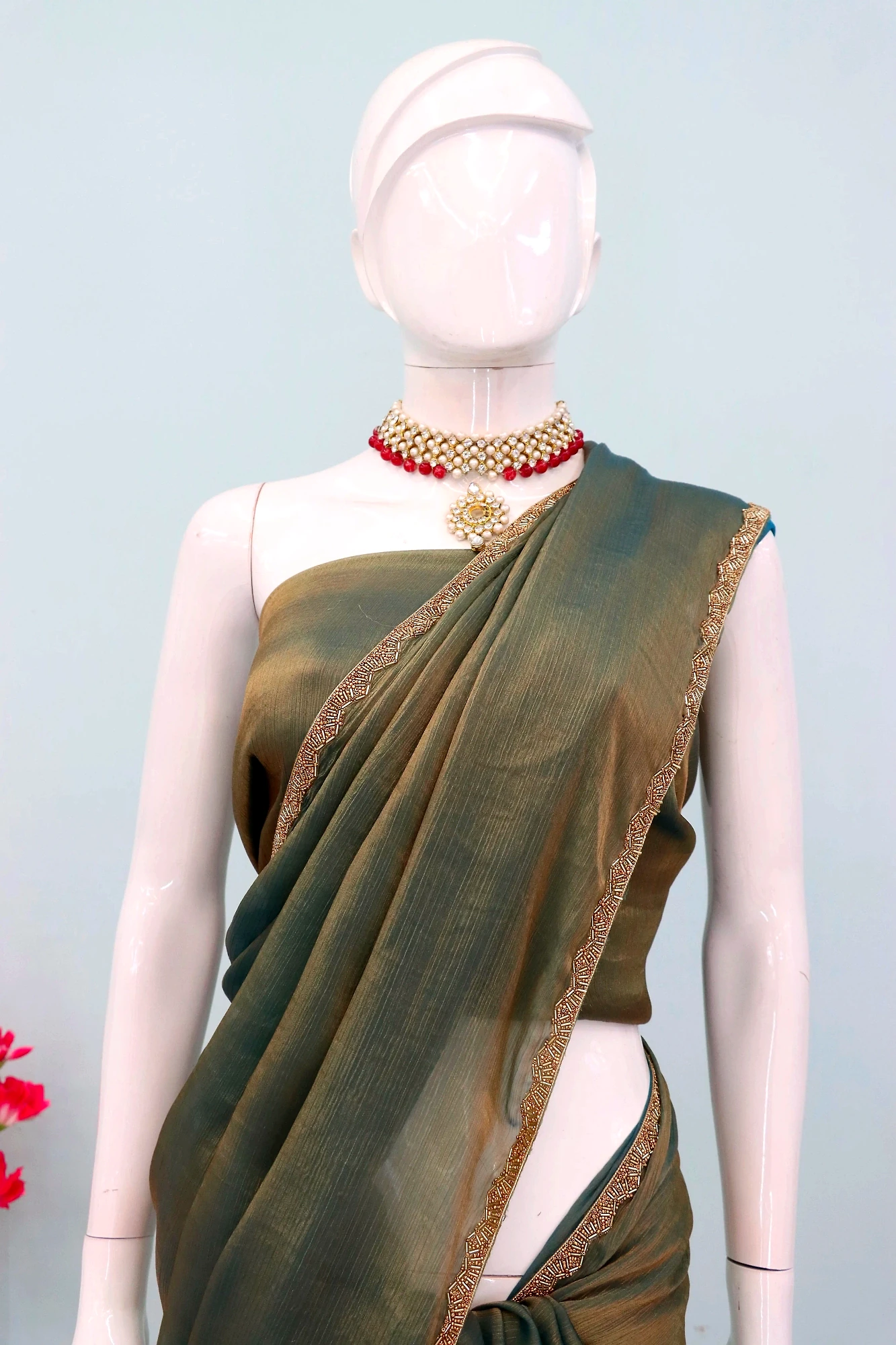 Fendi Saree With Hand Worked Lace Border (Color - Grey) by SHIV TEXTILES view 2